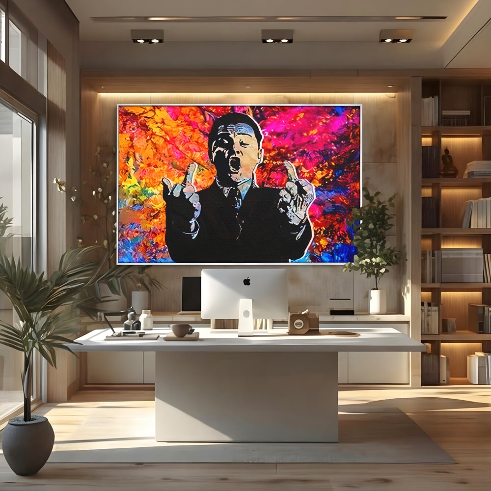 Tablou canvas cu tablou canvas cu leonardo dicaprio pop art, in rama de aluminiu argintiu, pe perete intr-un birou